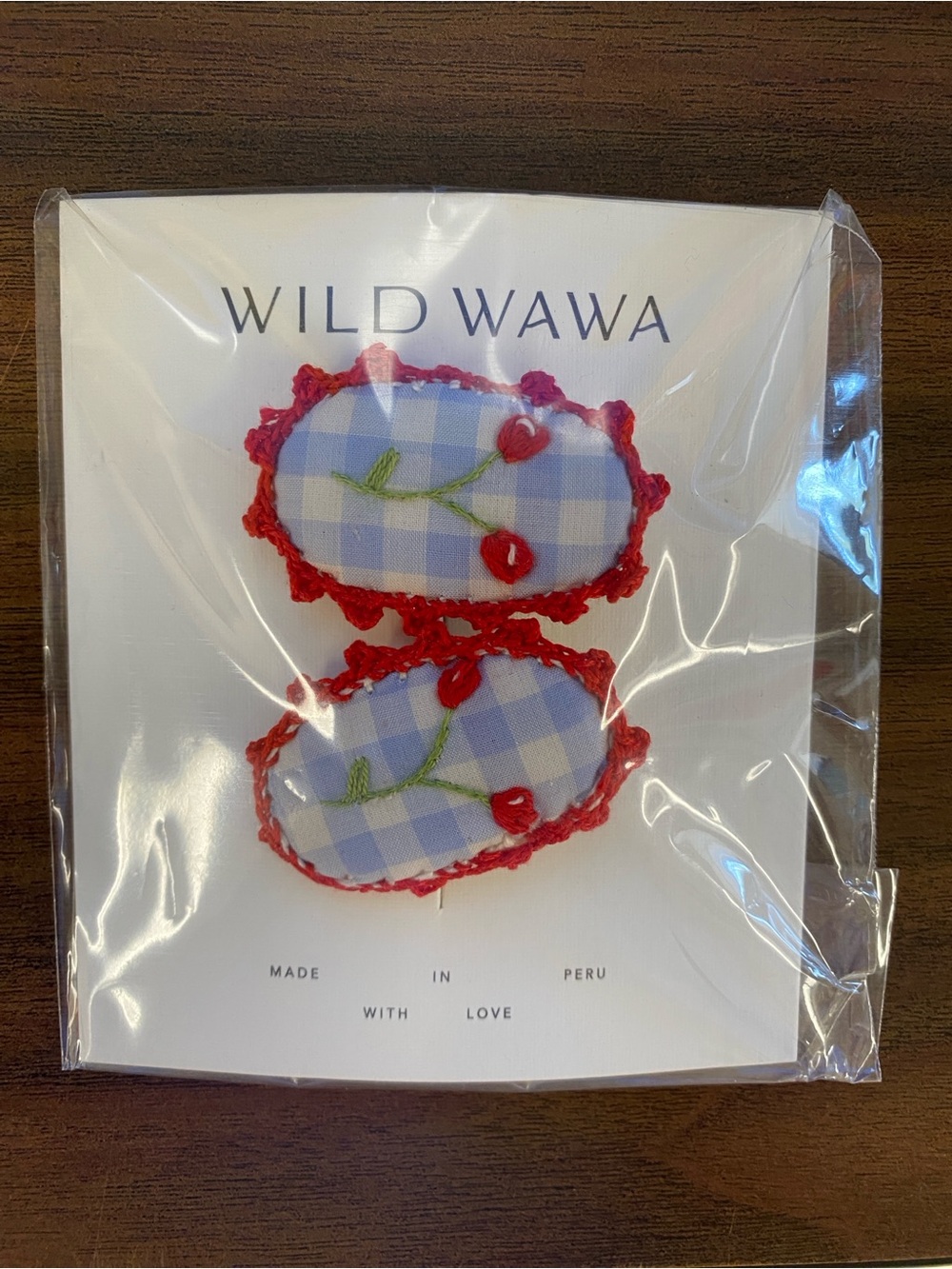 Wild Wawa Blue Gingham Cherry Hair Clips / NIB